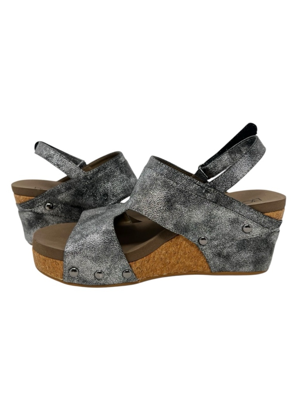 Corkys Metallic Silver Wedge Sandals with Cork Platform - Picture 3 of 10